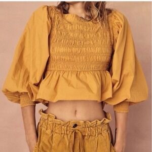 Free People Whoa Ruffle Top Blouse Mustard Yellow XS 100% Cotton Boho Romantic